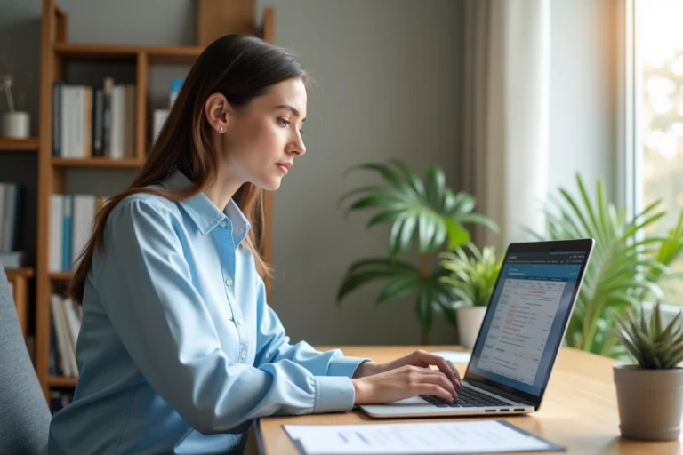 Femme utilisant un portail académique en ligne sur ordinateur portable pour accéder à LSU Versailles sur Arena