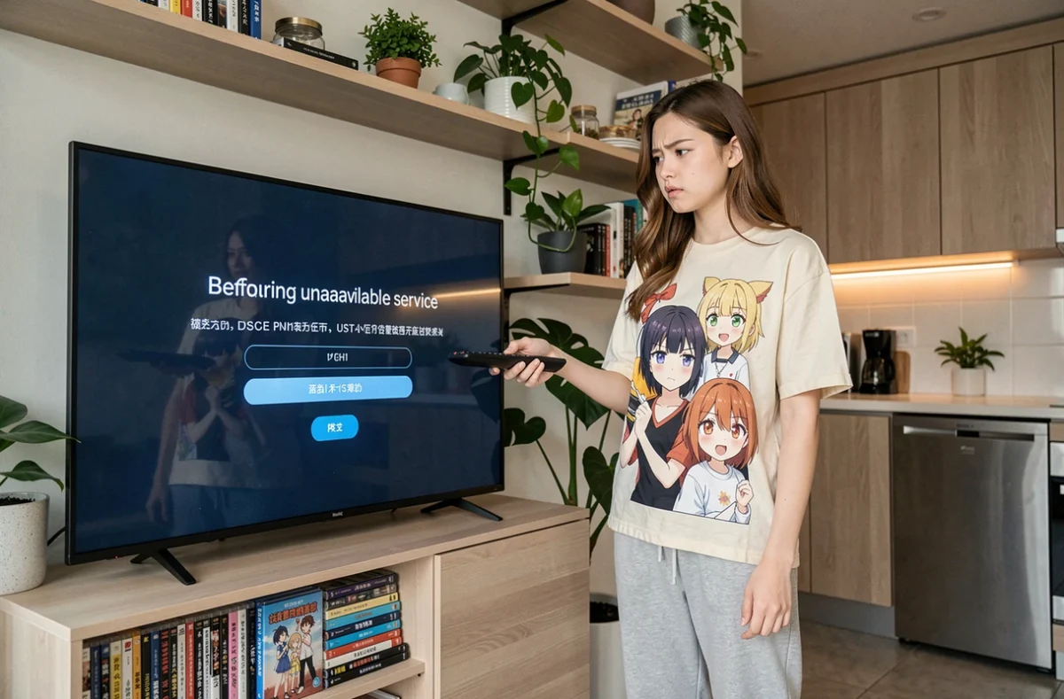 Jeune femme tenant une télécommande face à un écran de télévision bloqué lors d'une tentative de visionnage d'anime sur une plateforme de streaming indisponible