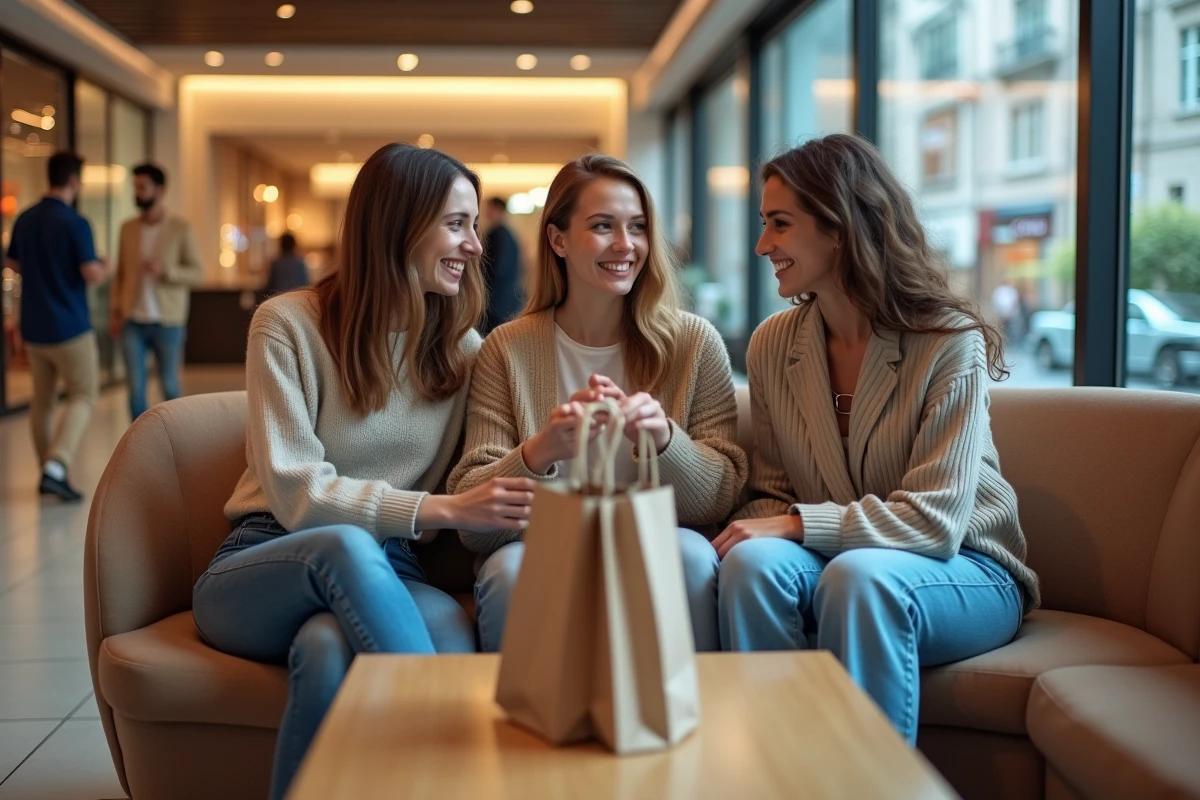 Trois amis souriants dans un lounge de centre commercial