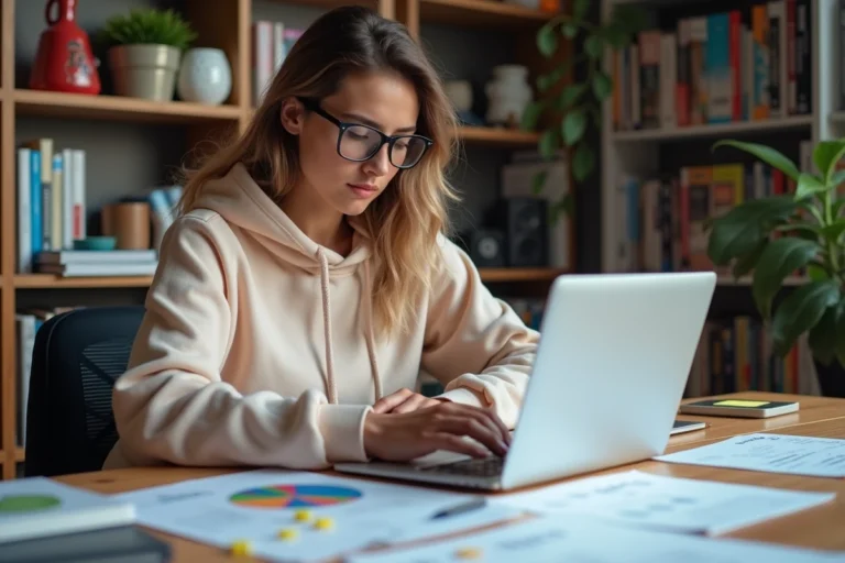 Jeune femme analysant des documents et révélations numériques liées aux secrets de la communauté PinkGeek sur son bureau