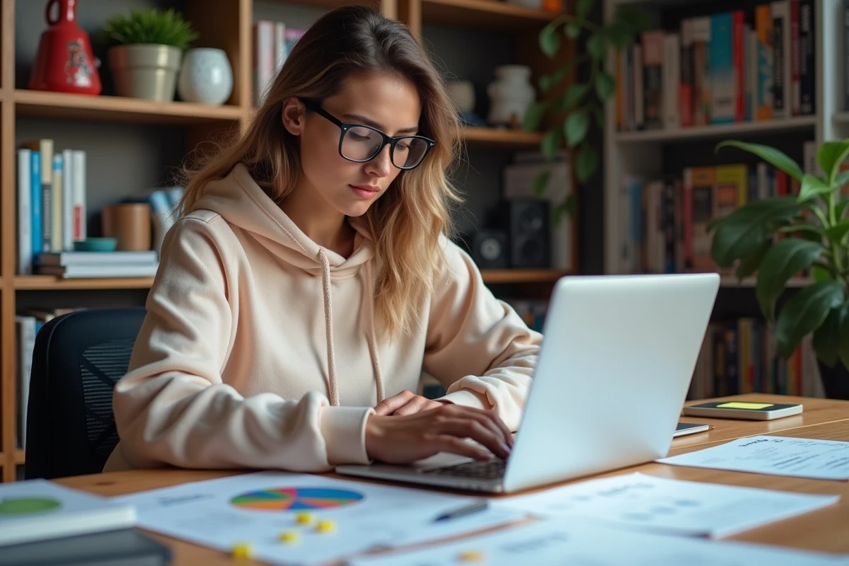 Jeune femme analysant des documents et révélations numériques liées aux secrets de la communauté PinkGeek sur son bureau