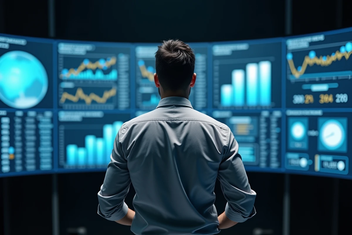 Analyste homme devant un mur d'écrans affichant des flux d'actualités et de tendances mondiales en temps réel