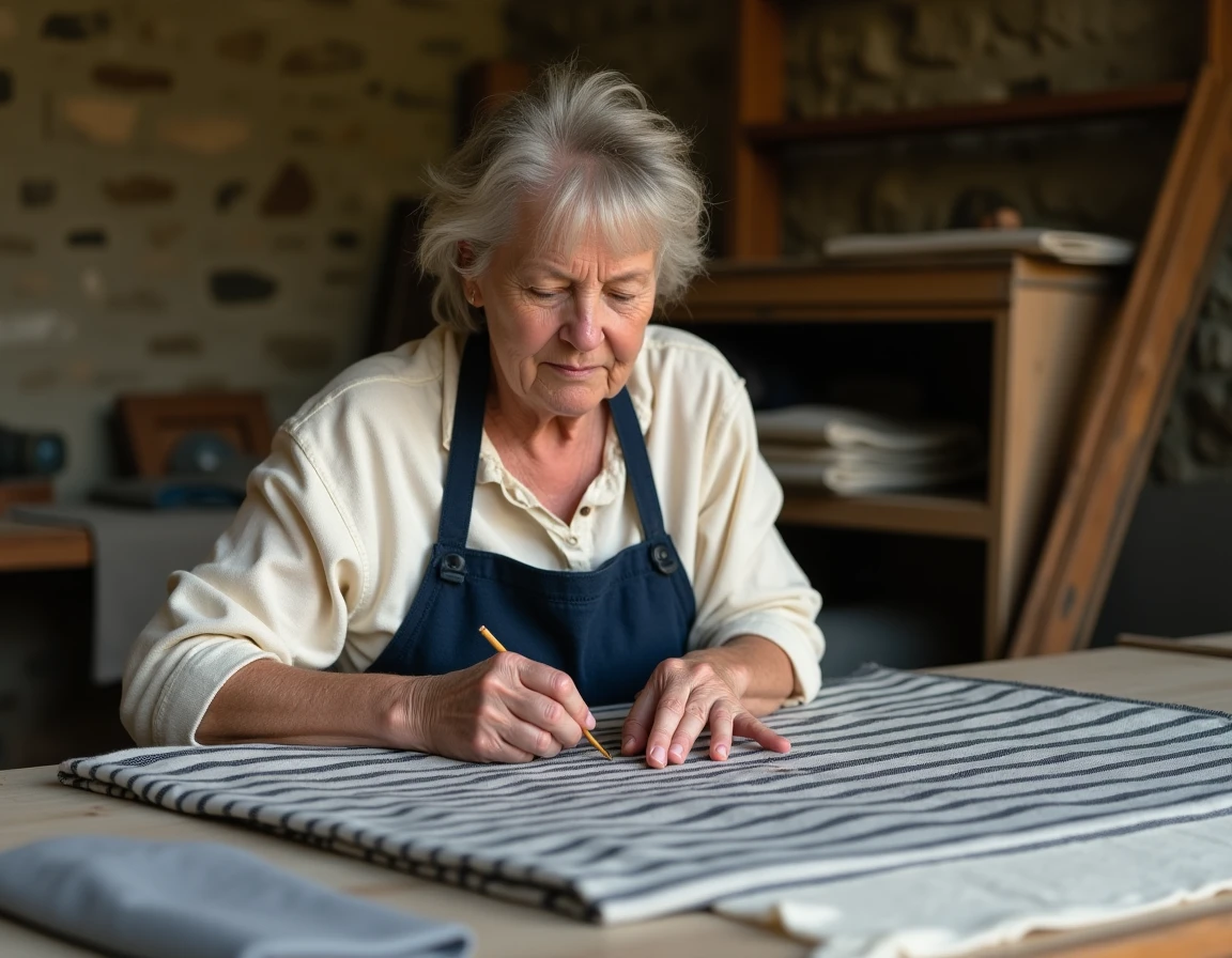 Artisane bretonne brodant une hermine sur un tissu aux bandes noires et blanches dans un atelier de fabrication de drapeaux traditionnels
