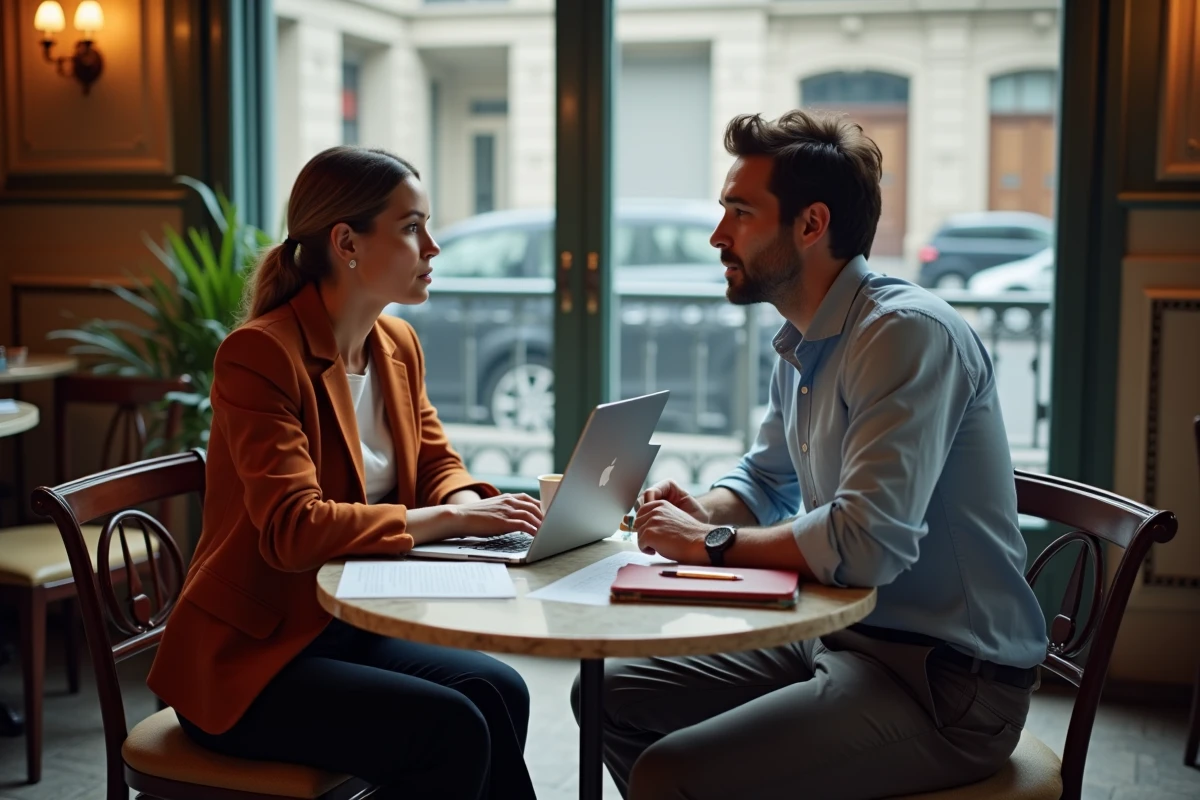 Deux associés discutant des démarches administratives pour créer une entreprise dans un café parisien