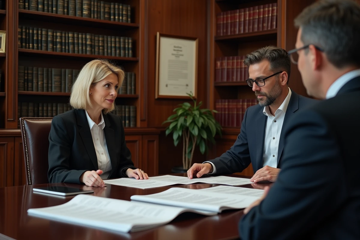Avocate expliquant les étapes du divorce à son client dans un bureau juridique, représentant le conseil légal lors d'une séparation