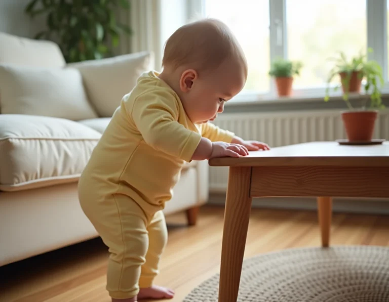 Bébé de 14 mois debout contre une table basse en bois, apprenant à marcher dans un salon scandinave chaleureux
