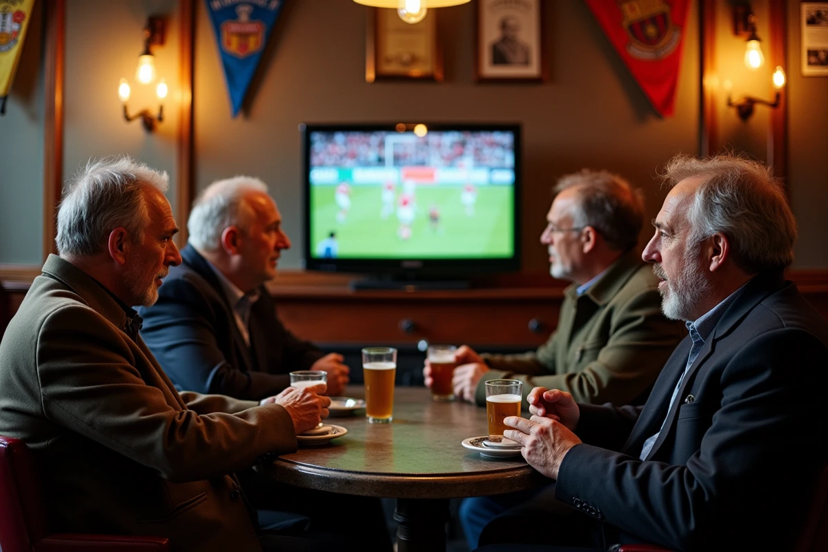 Groupe d'amis regardant un match de football dans un café traditionnel français
