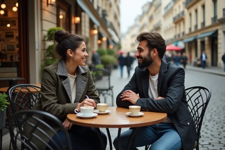 Jeune homme nord-africain et femme moyen-orientale discutent au café