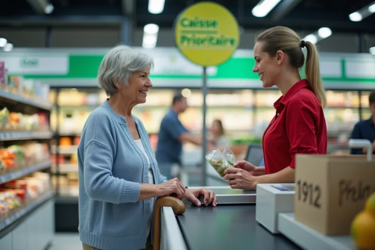 Une femme âgée avec une canne utilise une caisse prioritaire dans un supermarché français, aidée par une caissière souriante