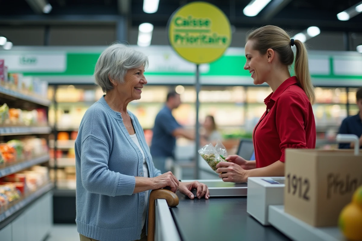 Une femme âgée avec une canne utilise une caisse prioritaire dans un supermarché français, aidée par une caissière souriante