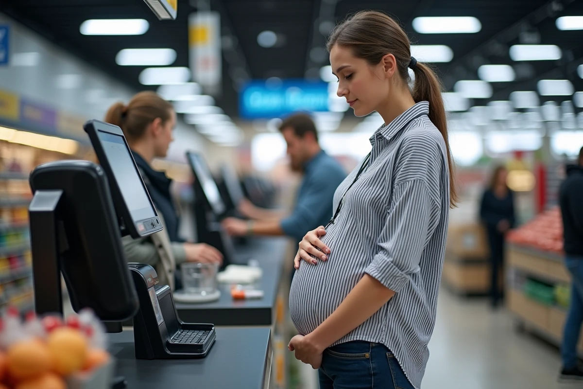Une femme enceinte attend à une caisse prioritaire réservée dans un hypermarché, panneau de signalisation visible au-dessus