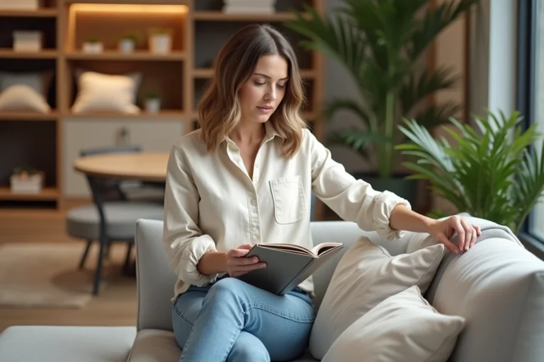 Femme choisissant un tissu de canapé dans un magasin de décoration intérieure moderne en 2024