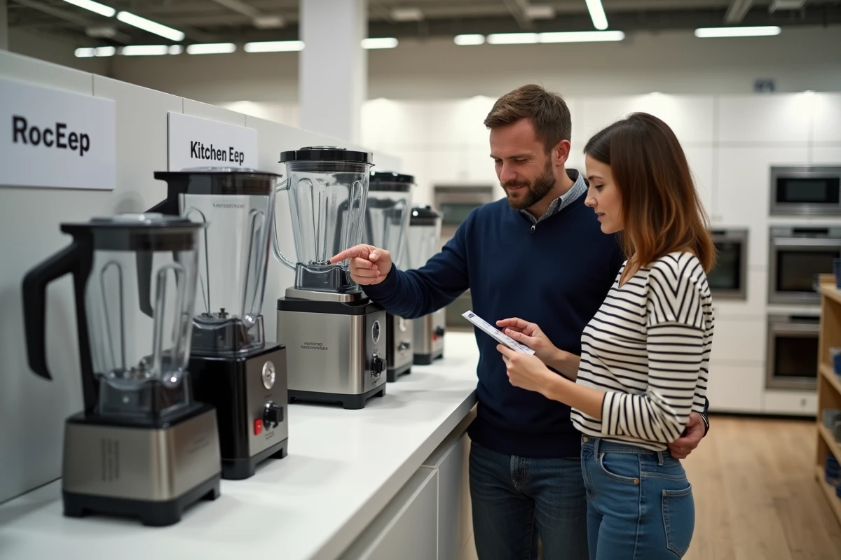 Couple comparant des appareils électroménagers haut de gamme dans un magasin spécialisé