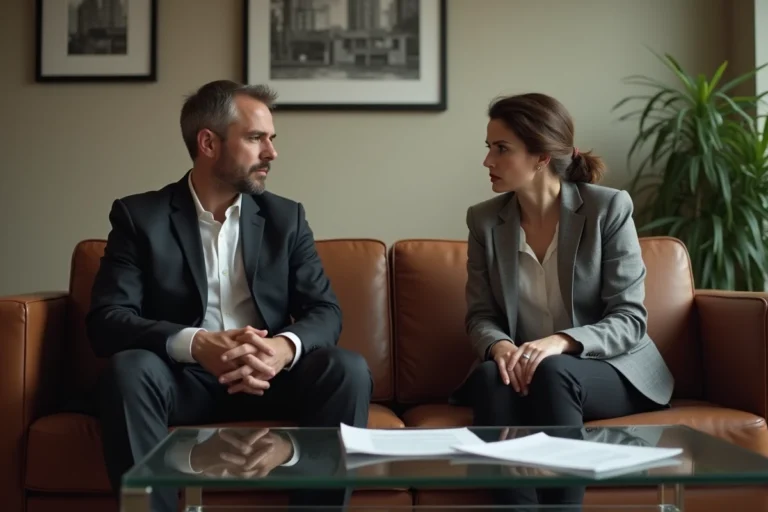 Couple en instance de divorce assis séparément dans une salle d'attente d'un cabinet d'avocat, illustrant la séparation conjugale