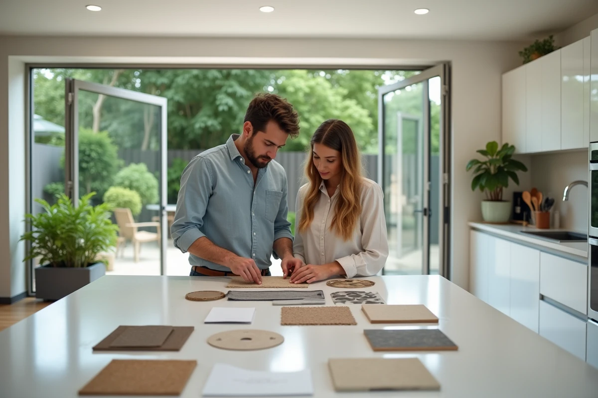 Jeune couple examinant des échantillons durables dans la cuisine