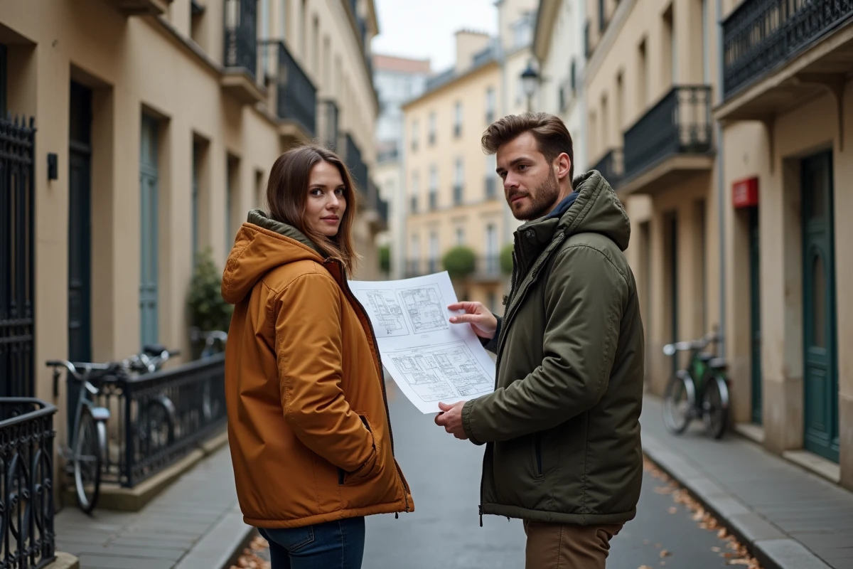 Couple visitant un immeuble d'appartements en ville et consultant un plan de logement avant une visite locative