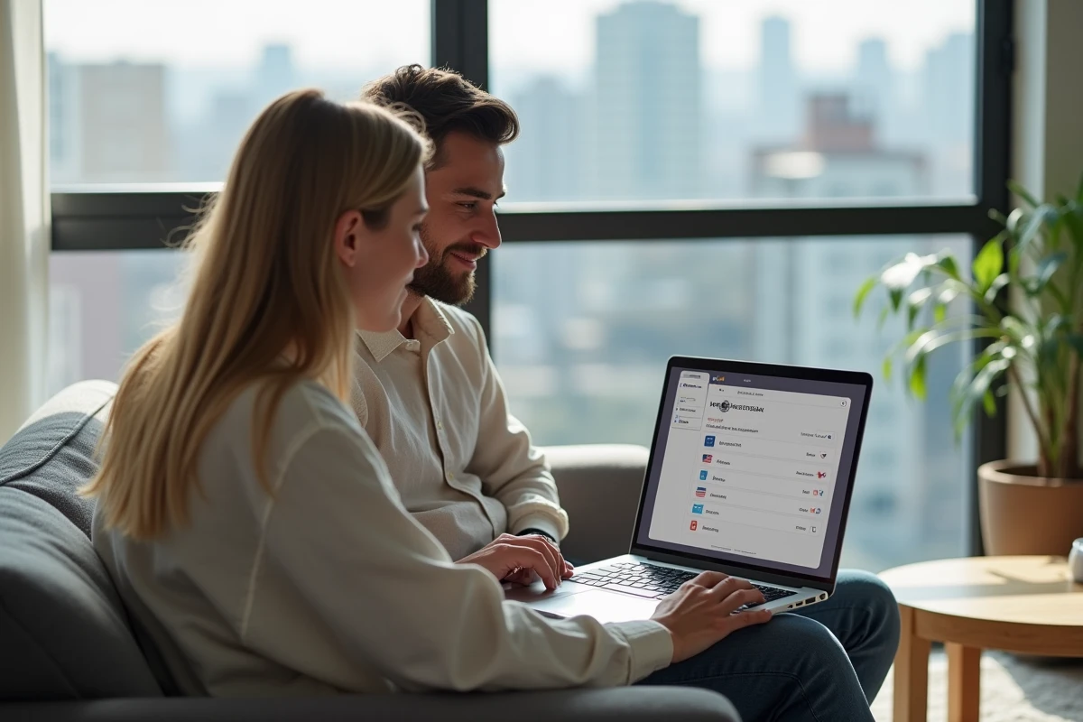 Couple de jeunes professionnels consultant un tableau de bord VPN sur ordinateur portable dans un appartement moderne