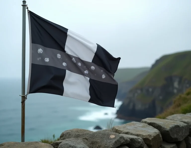 Drapeau breton Gwenn-ha-Du flottant au vent devant une falaise côtière en Bretagne, bandes noires et blanches et hermines visibles
