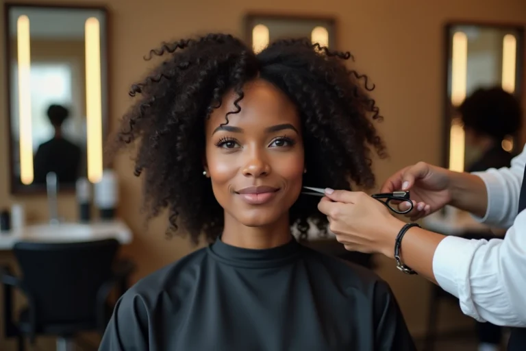 Coiffeuse effilant les cheveux bouclés naturels d'une femme en salon de coiffure moderne