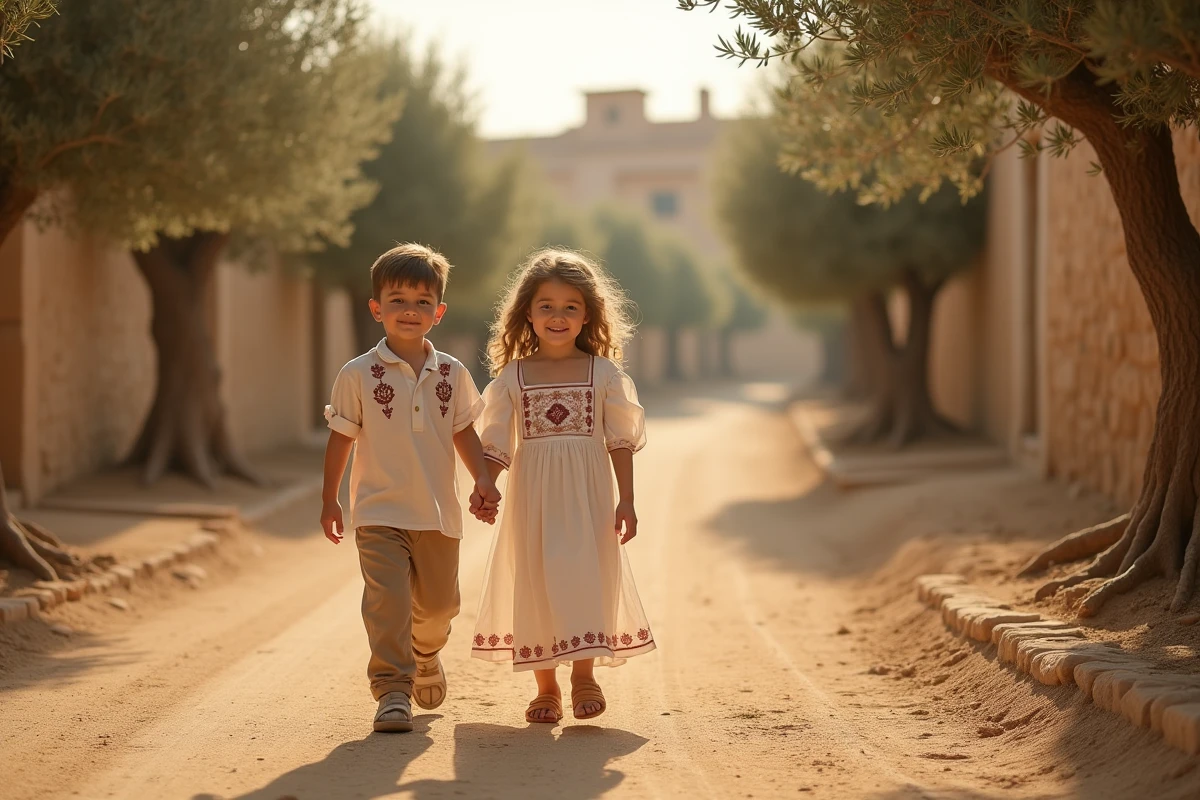 Enfants marchant dans un village avec oliviers ensoleilles