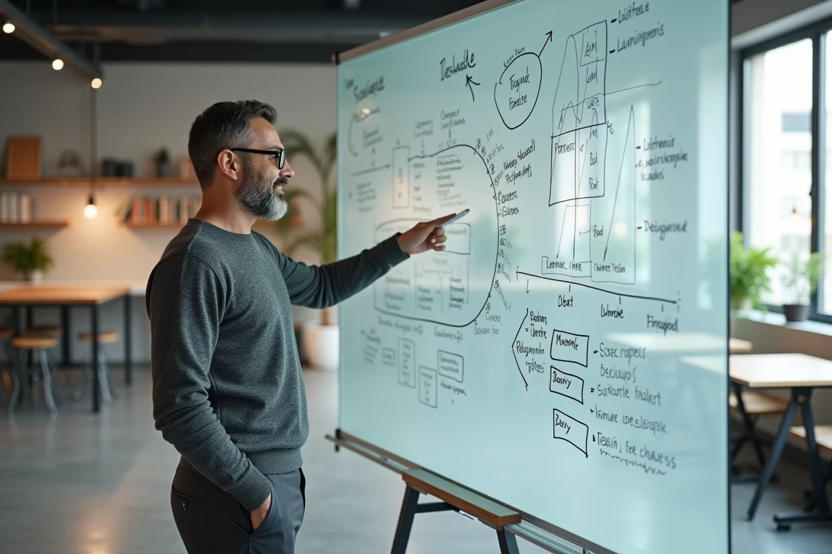 Entrepreneur masculin présentant une feuille de route d'entreprise sur un tableau blanc dans un bureau moderne