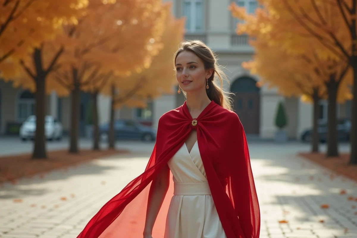 Jeune femme portant une étole rouge en mousseline sur une robe blanche crème, marchant sur une place pavée en automne