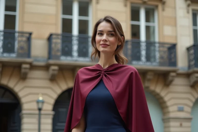 Femme portant une étole rouge bordeaux en soie sur une robe bleue marine, dans un cadre urbain parisien élégant