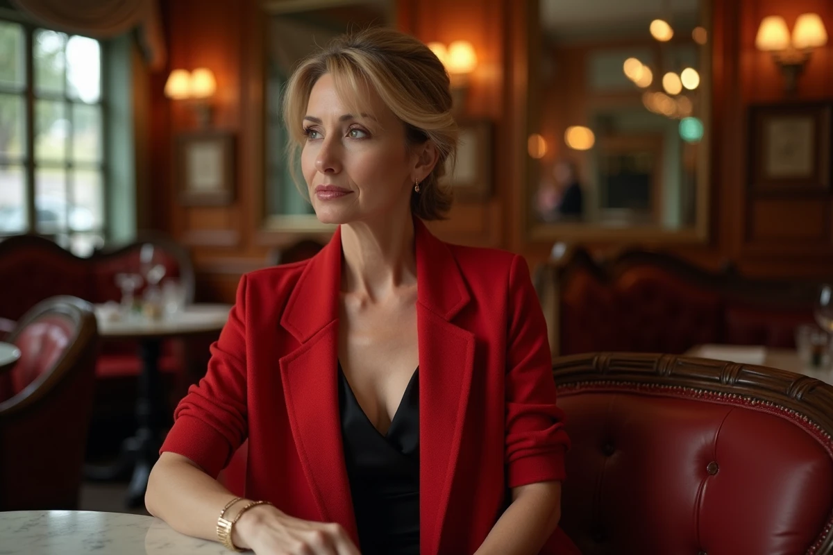 Femme avec une étole rouge vif nouée sur une robe noire de soirée, assise dans un restaurant français raffiné