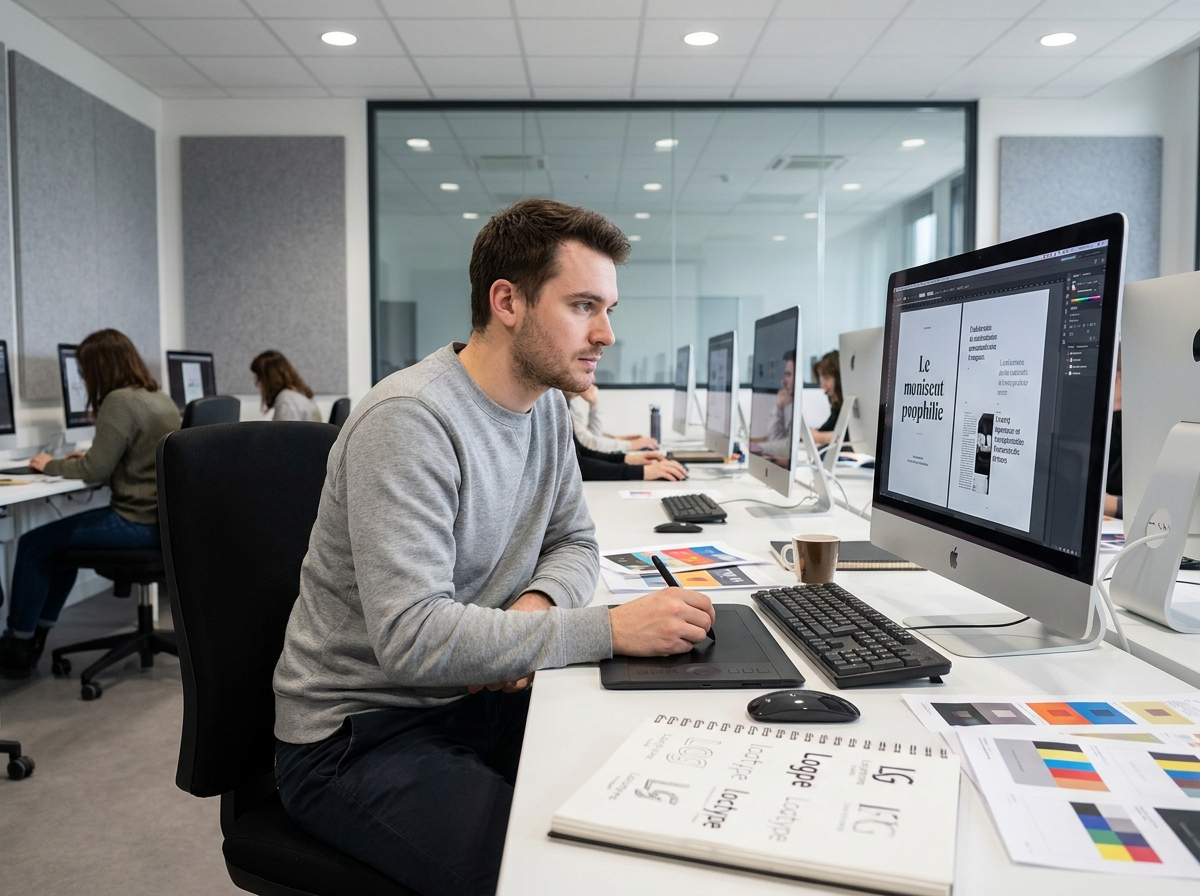 Étudiant en design graphique travaillant sur ordinateur dans un laboratoire informatique d'école d'arts appliqués