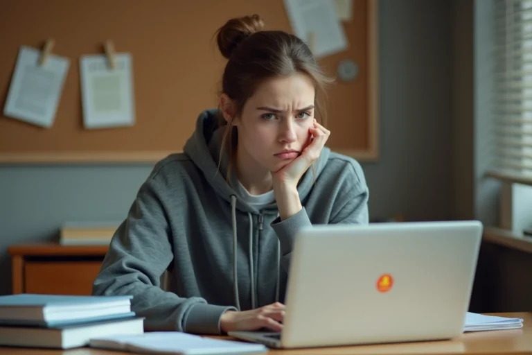 Étudiante frustrée face à un message d'accès refusé sur son compte e-campus