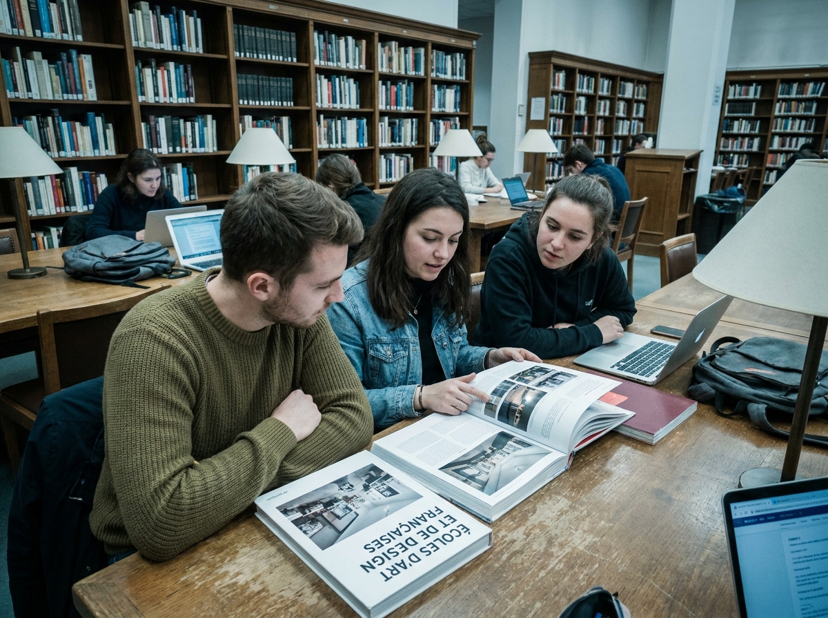 Groupe d'étudiants consultant un guide des écoles d'arts appliqués en bibliothèque universitaire