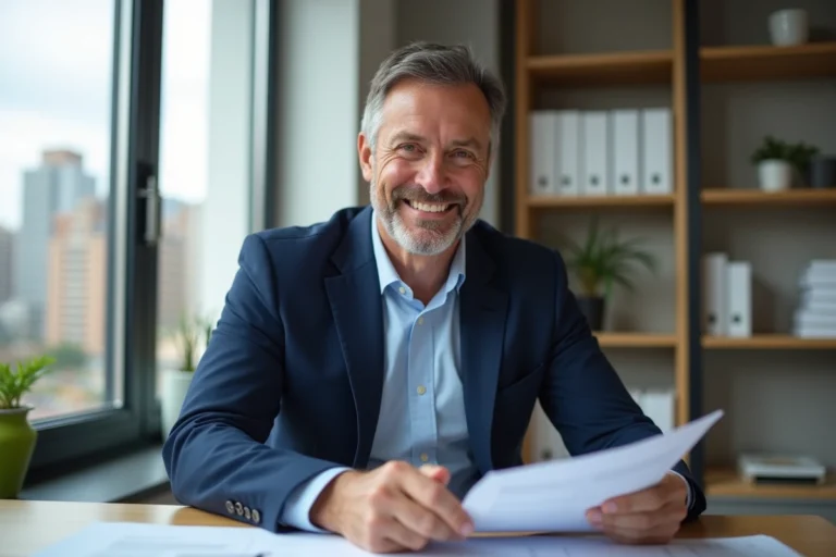Expert immobilier homme en costume dans un bureau lumineux