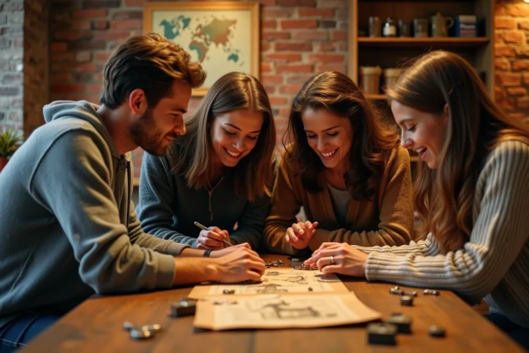 Famille réunie autour d'une table dans une salle d'escape game à Toulouse, examinant des indices et des cadenas