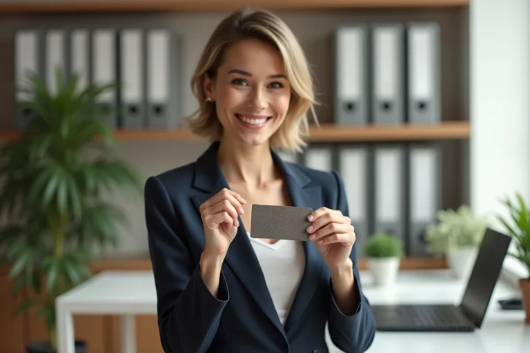 Femme d'affaires souriante tenant une carte de visite dans un bureau moderne