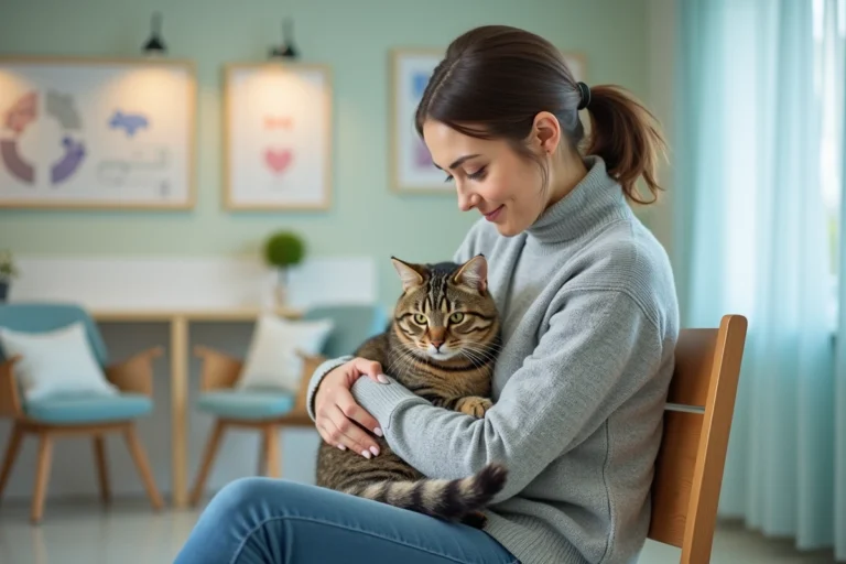 Femme tenant son chat dans une salle d'attente vétérinaire, illustrant la consultation avant toute contraception féline