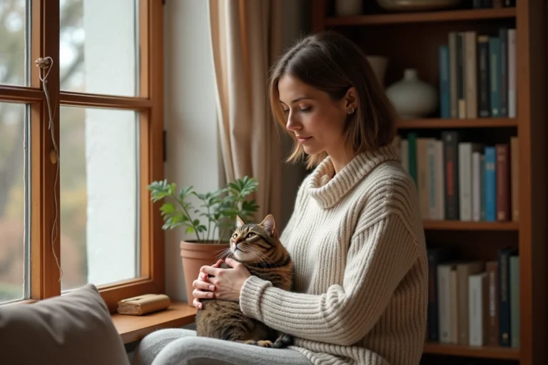 Femme méditative caressant un chat dans un salon paisible