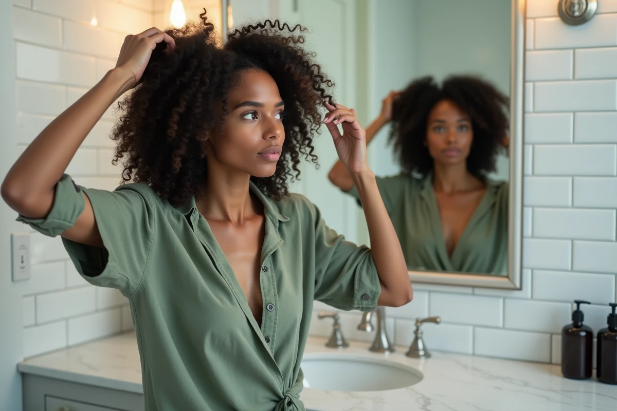 Jeune femme aux cheveux bouclés effilés examinant son volume et sa forme devant un miroir de salle de bain