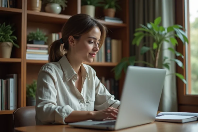 Femme consultant un plan de site web sur son ordinateur portable dans un bureau à domicile