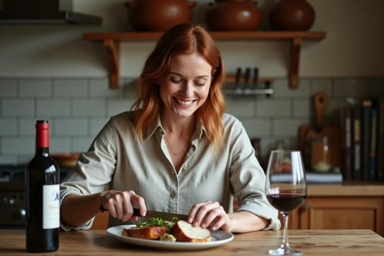 Femme en cuisine préparant un filet mignon au roquefort