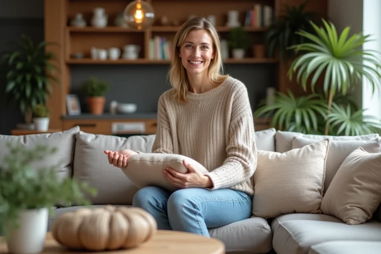 Femme souriante arrangeant des coussins dans un salon cosy