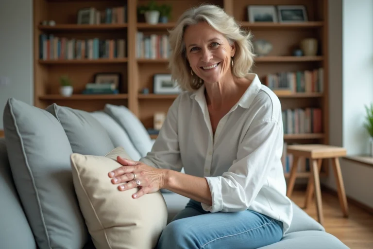 Femme arrangeant des coussins sur un canapé moderne dans un salon lumineux