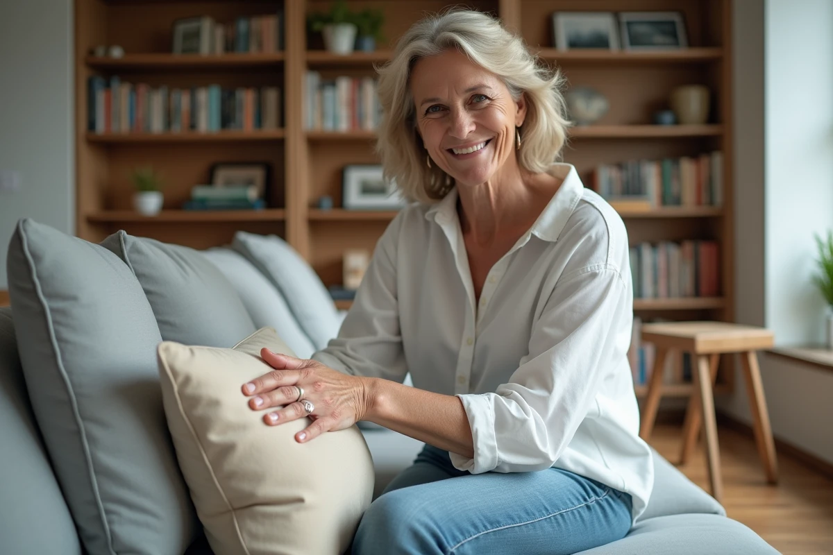 Femme arrangeant des coussins sur un canapé moderne dans un salon lumineux