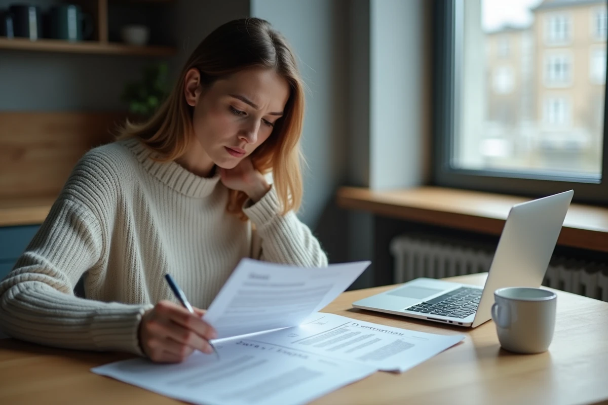 Femme lisant seule des documents de divorce à la maison, symbolisant les démarches juridiques liées à la séparation