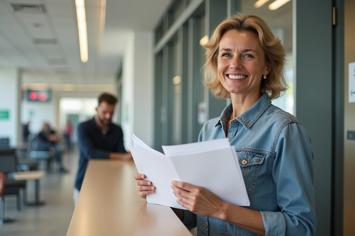 Femme souriante avec documents à la mairie