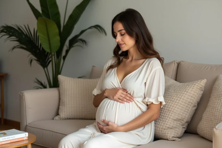 Femme enceinte souriante dans un salon chaleureux