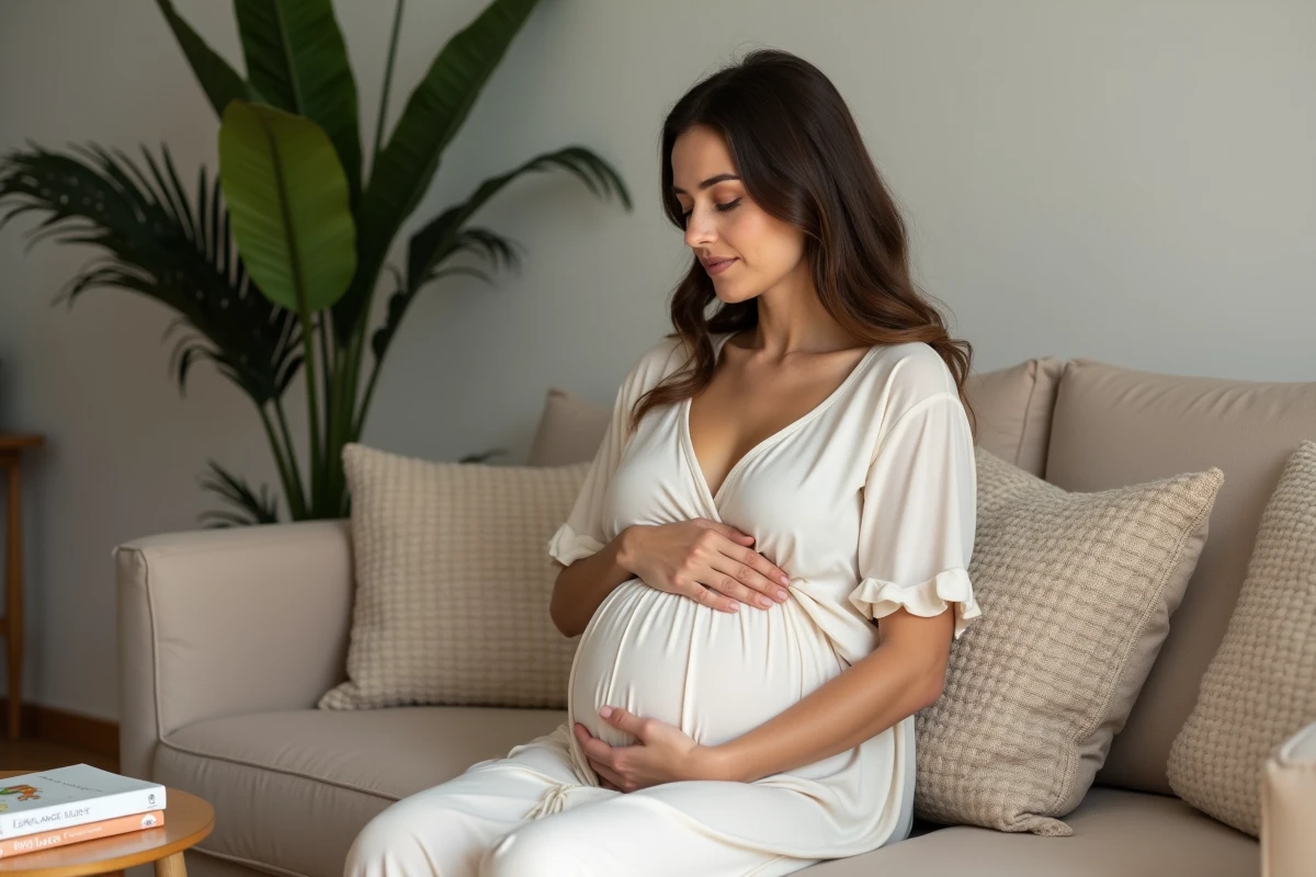 Femme enceinte souriante dans un salon chaleureux