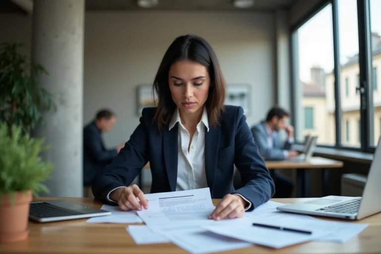 Femme entrepreneur française analysant un business plan dans un espace de coworking parisien