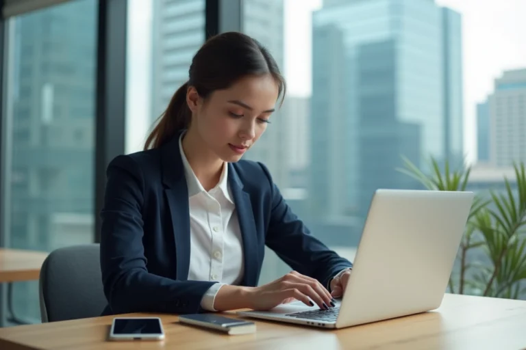 Jeune femme en blouse blanche et blazer bleu regardant l'actualité financière