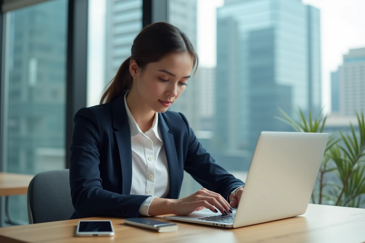Jeune femme en blouse blanche et blazer bleu regardant l'actualité financière