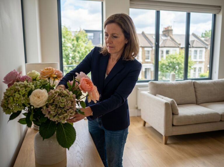 Femme en blazer arrangeant des fleurs dans un salon moderne